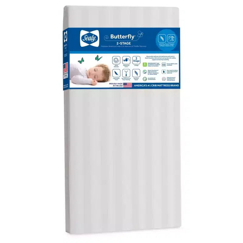 Sealy Butterfly 2-Stage Waterproof Ultra Firm Crib and Toddler Mattress: Hypoallergenic, Vinyl Cover, High-Density Foam