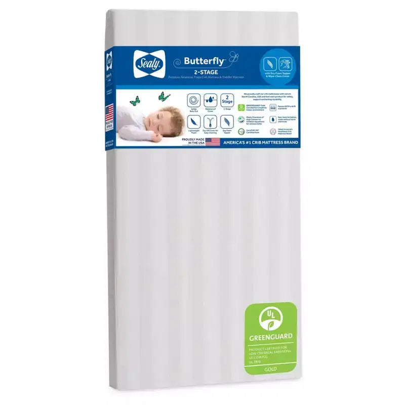 Materasso per culla e lettino Sealy Butterfly 2 stadi, impermeabile, ultra rigido: ipoallergenico, rivestimento in vinile, schiuma ad alta densità