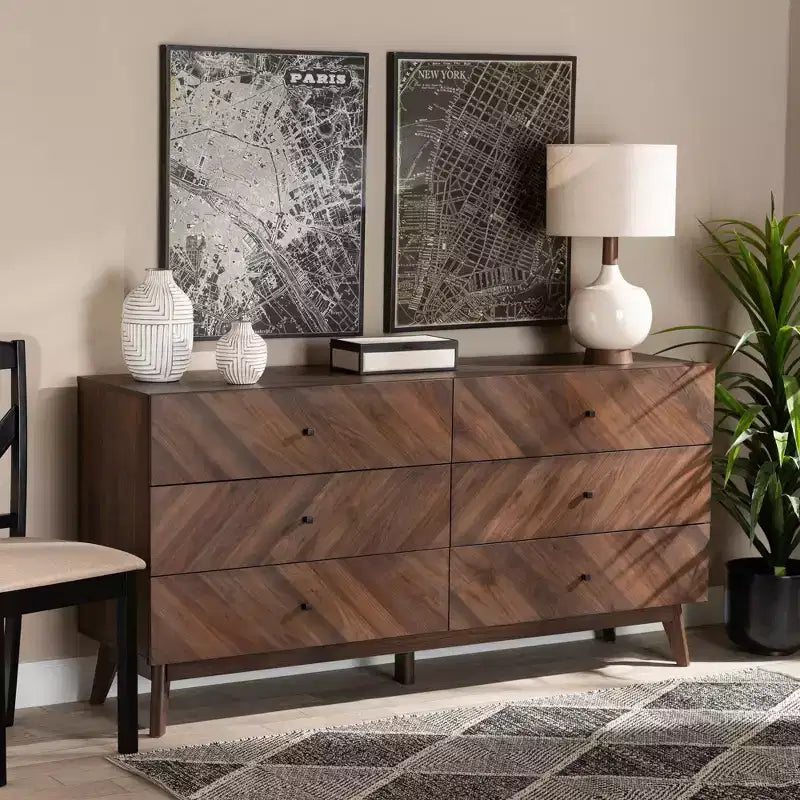 Baxton Studio Hartman Wood 6 Drawer Dresser Walnut Brown: Modern Storage, Vertical Design, 31" High