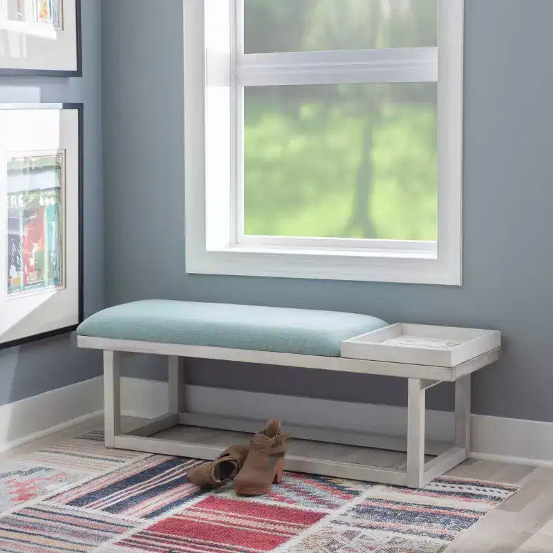Lemire Modern Storage Upholstered Bench with Tray White Wash & Teal - Powell: Entryway Seating, 300lb Capacity