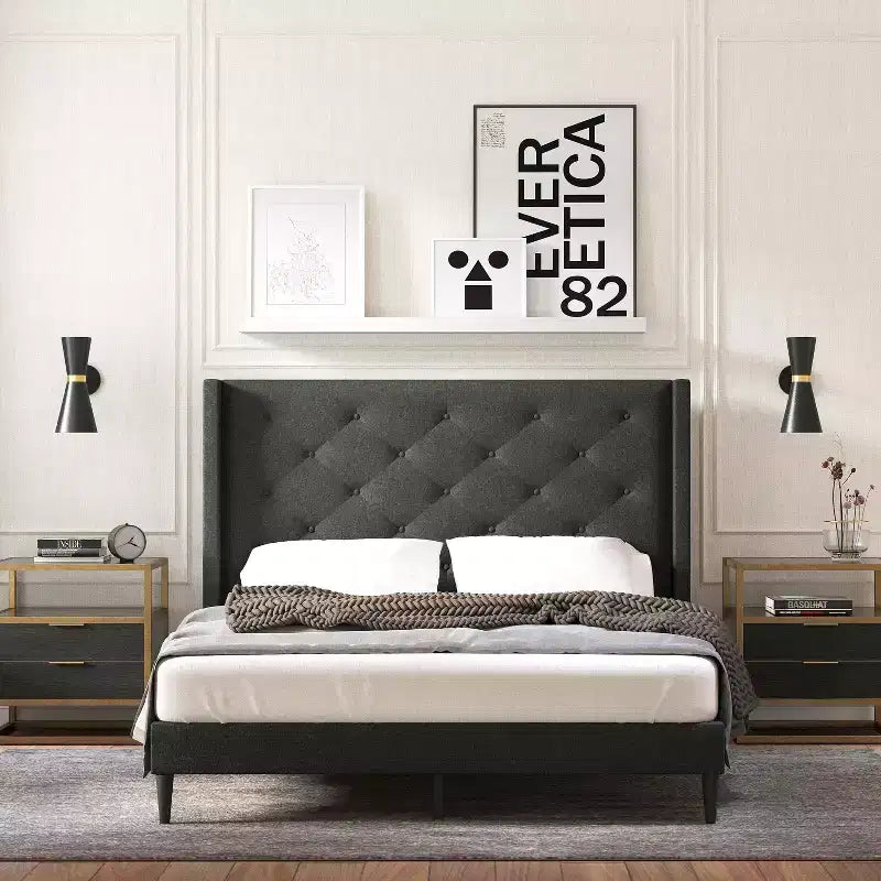 Glenwillow Home Huppe Upholstered Platform Bed Frame, Button-Tufted MCM Wingback, Mattress Foundation, No Box Spring Needed, Easy Assembly