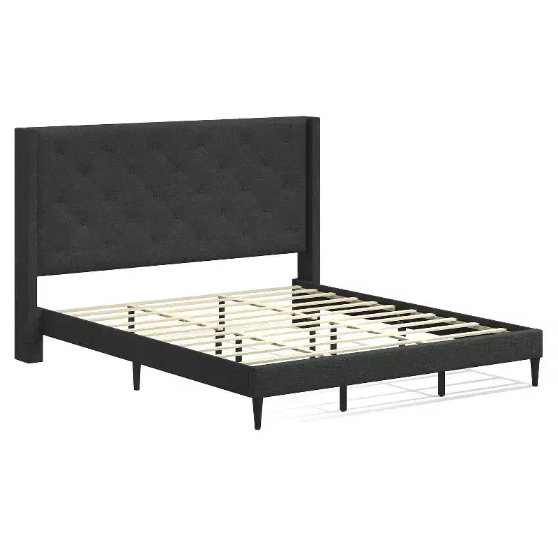 Struttura letto imbottita con piattaforma Huppe di Glenwillow Home, testiera a wingback con bottoni tufted in stile metà secolo, base materasso, non necessita di rete, facile da montare