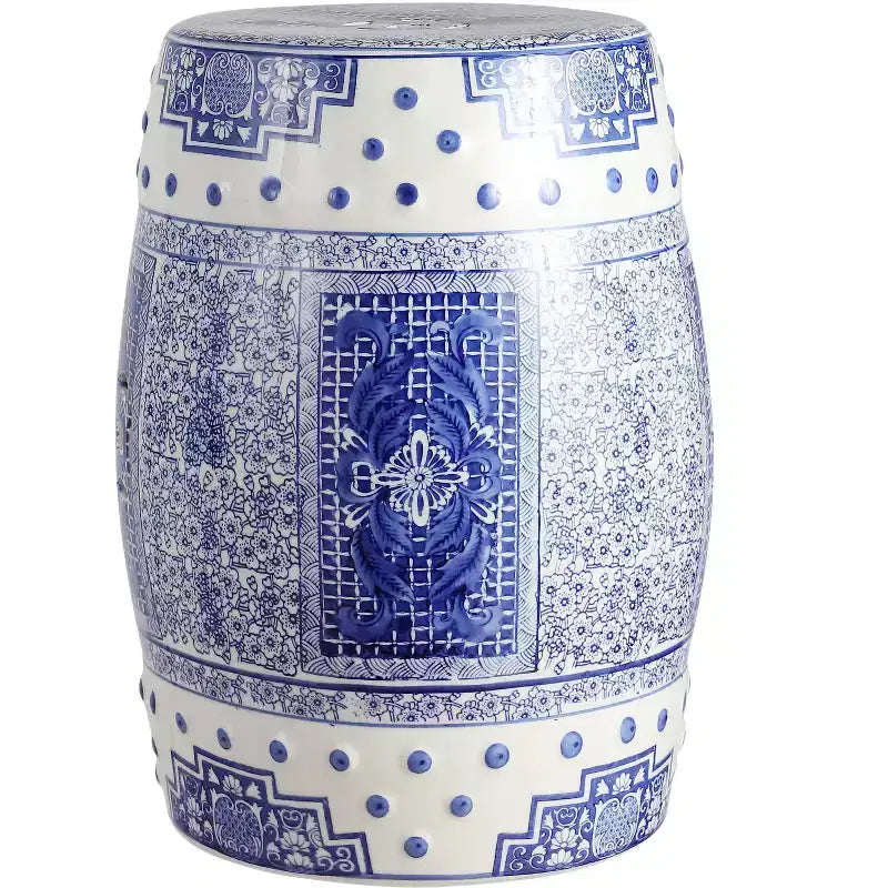 JONATHAN Y Acanthus 17.8 Chinoiserie Ceramic Drum Garden Stool/Accent Table, Blue/White