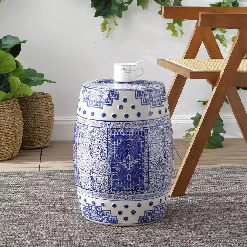 JONATHAN Y Acanthus Sgabello/Tavolino d'appoggio in ceramica Chinoiserie a tamburo, 17.8, Blu/Bianco