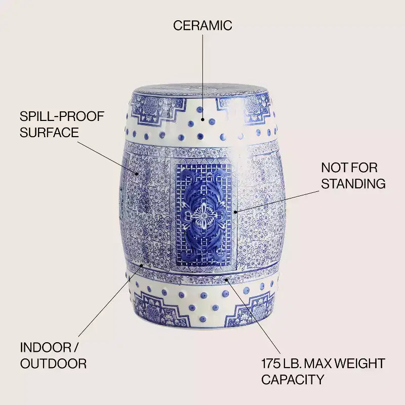 JONATHAN Y Acanthus Sgabello/Tavolino d'appoggio in ceramica Chinoiserie a tamburo, 17.8, Blu/Bianco