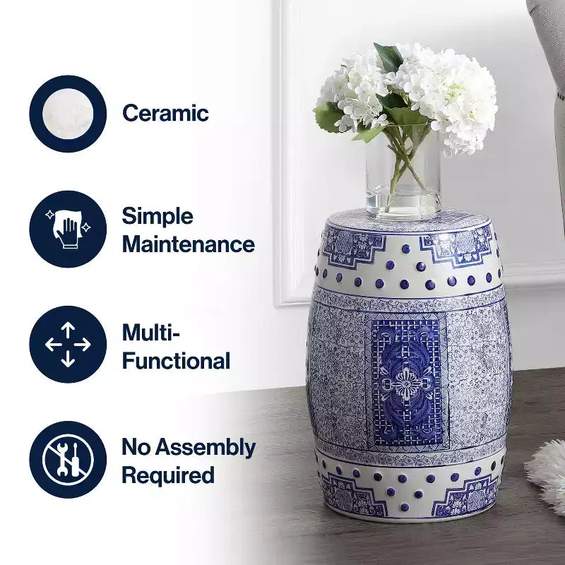 JONATHAN Y Acanthus Sgabello/Tavolino d'appoggio in ceramica Chinoiserie a tamburo, 17.8, Blu/Bianco