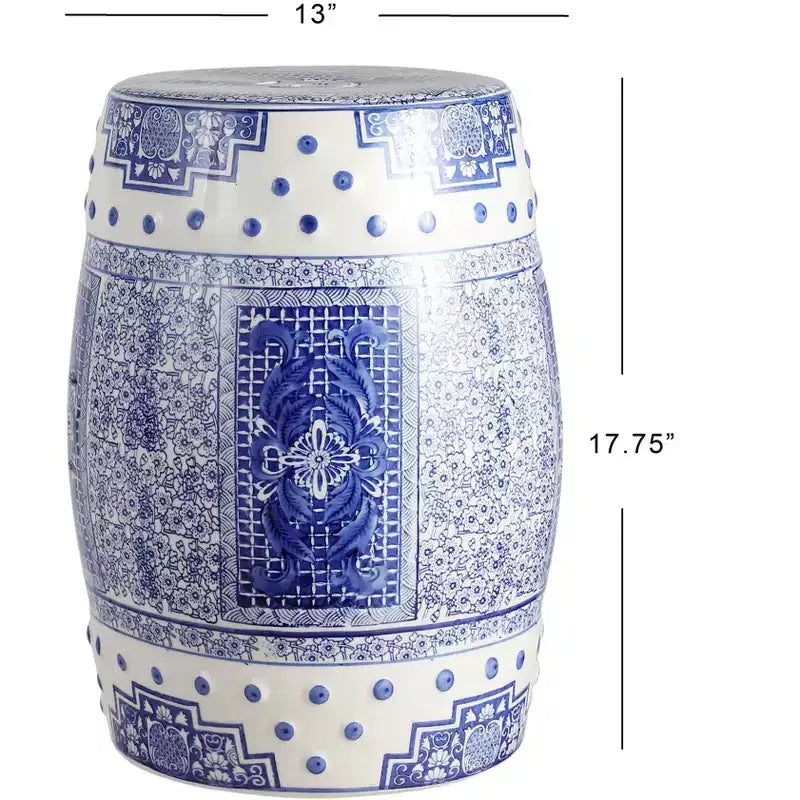 JONATHAN Y Acanthus Sgabello/Tavolino d'appoggio in ceramica Chinoiserie a tamburo, 17.8, Blu/Bianco