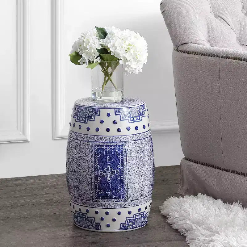 JONATHAN Y Acanthus Sgabello/Tavolino d'appoggio in ceramica Chinoiserie a tamburo, 17.8, Blu/Bianco