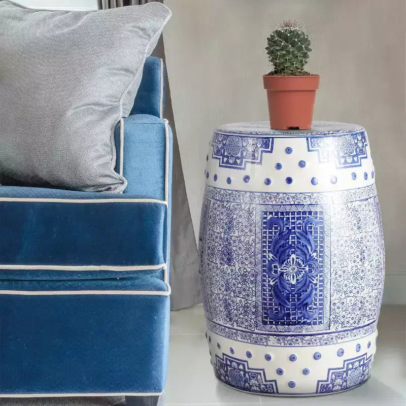 JONATHAN Y Acanthus Sgabello/Tavolino d'appoggio in ceramica Chinoiserie a tamburo, 17.8, Blu/Bianco