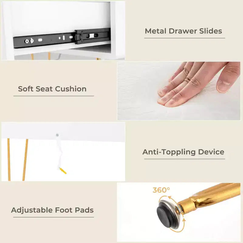 Set da toilette con sgabello e luci a LED bianche, 2 pezzi
