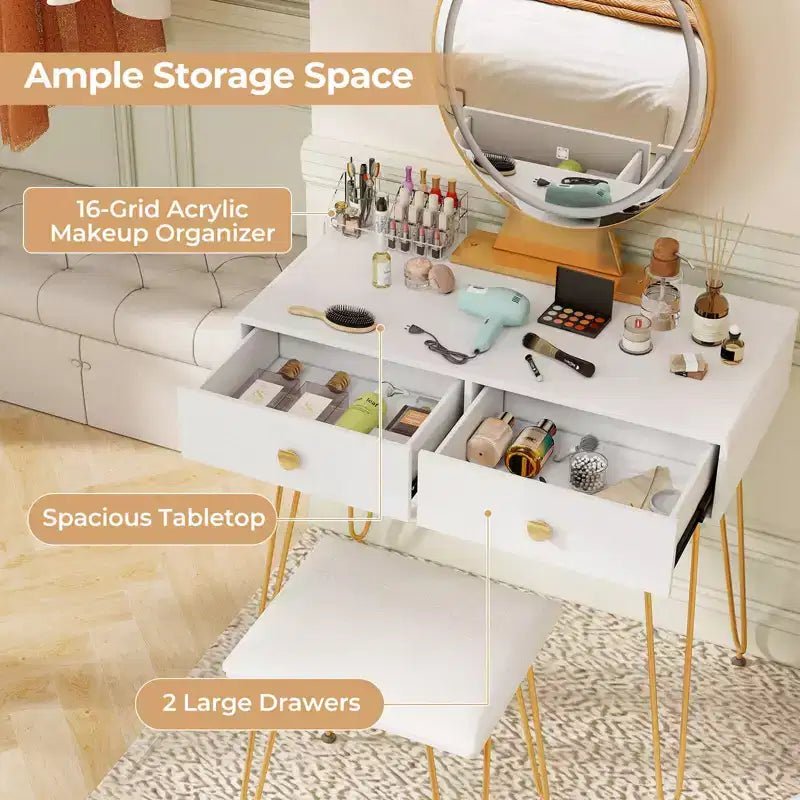 Set da toilette con sgabello e luci a LED bianche, 2 pezzi