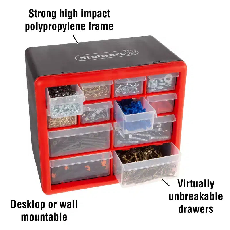 Contenitore Organizer a 12 Cassetti - Organizer in Plastica con 4 Scomparti Grandi e 8 Piccoli - da Tavolo o da Parete per Attrezzatura, Artigianato e Altro di Fleming Supply