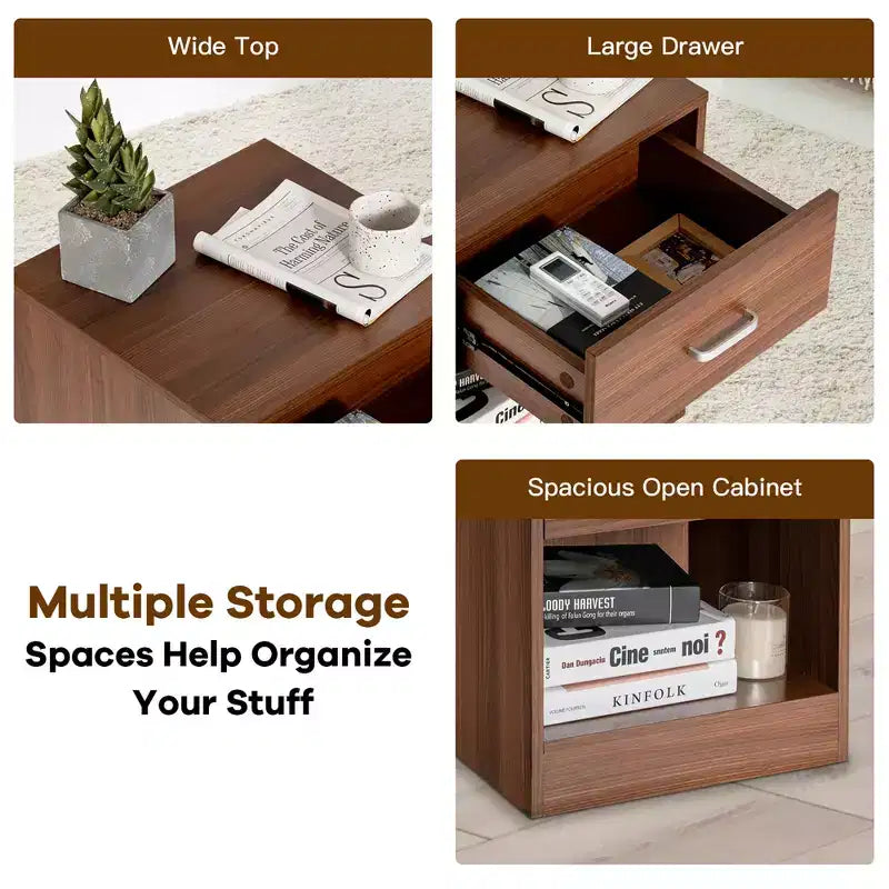Comodino Costway con cassetto e mobiletto contenitore, tavolino moderno per letto, nero/marrone