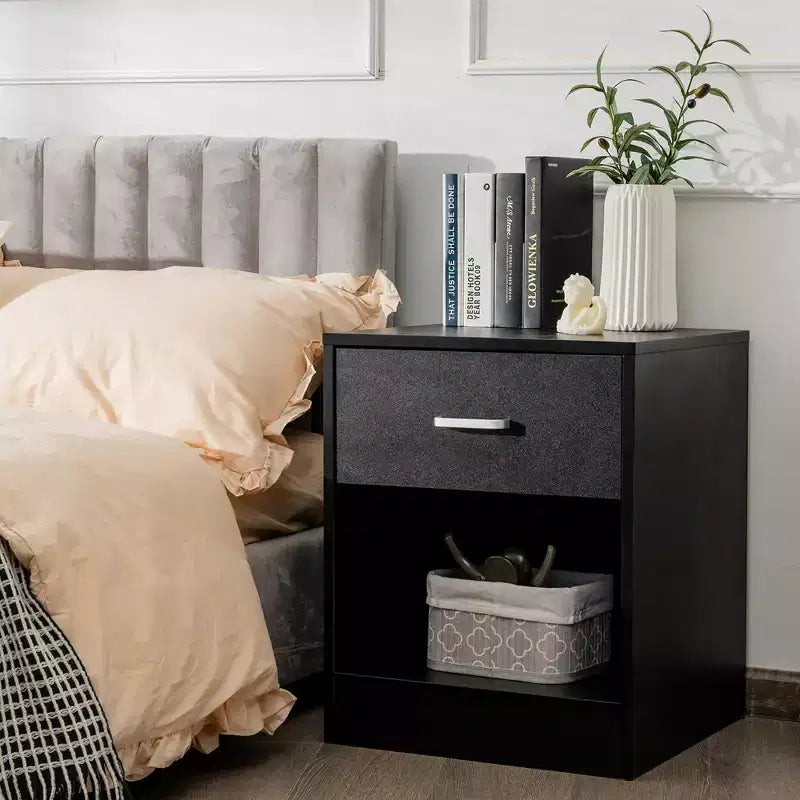 Comodino Costway con cassetto e mobiletto contenitore, tavolino moderno per letto, nero/marrone