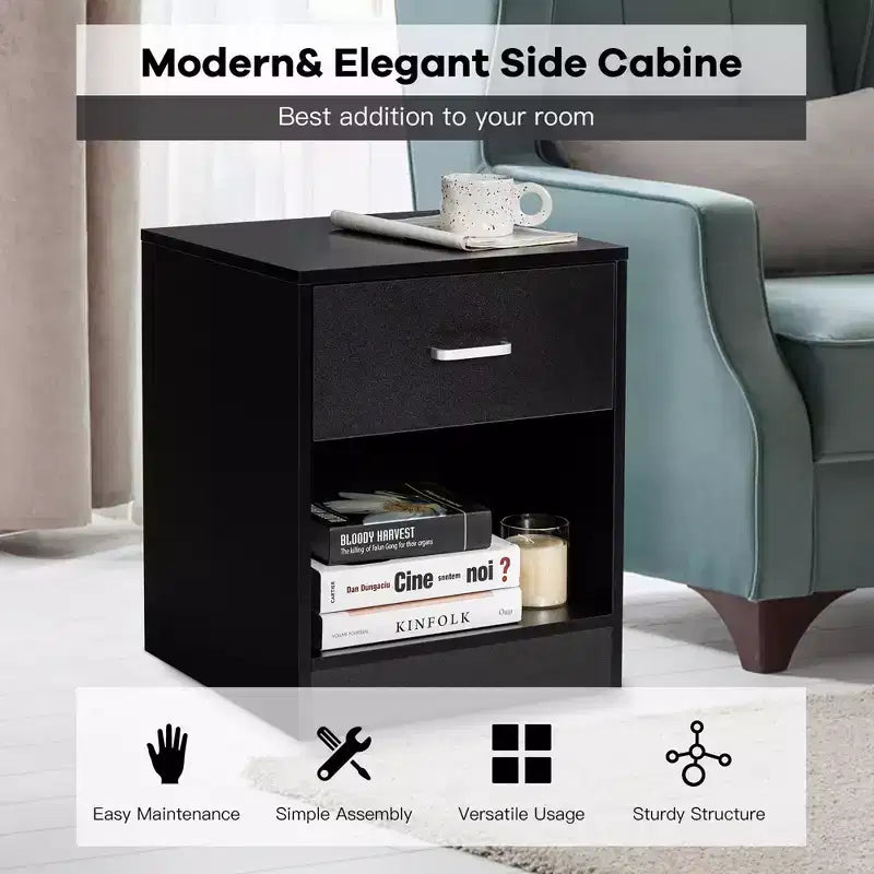 Comodino Costway con cassetto e mobiletto contenitore, tavolino moderno per letto, nero/marrone