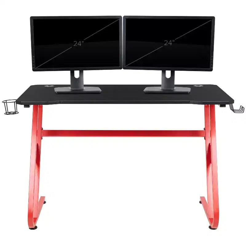 Set scrivania e sedia gaming BlackArc Echo: sedia gaming reclinabile in similpelle nera e rossa; scrivania gaming con gancio per cuffie e portabicchieri