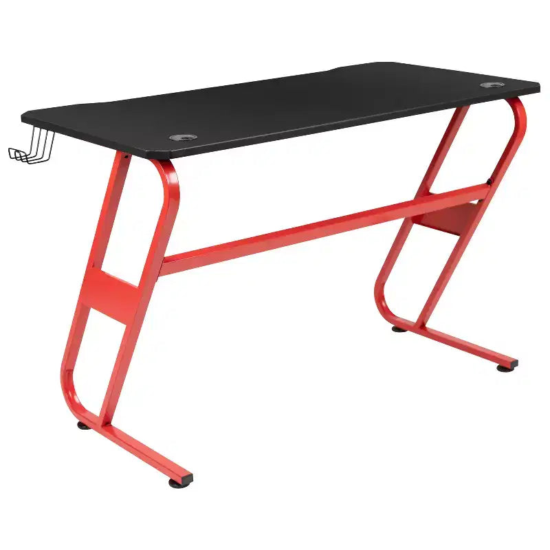 Set scrivania e sedia gaming BlackArc Echo: sedia gaming reclinabile in similpelle nera e rossa; scrivania gaming con gancio per cuffie e portabicchieri
