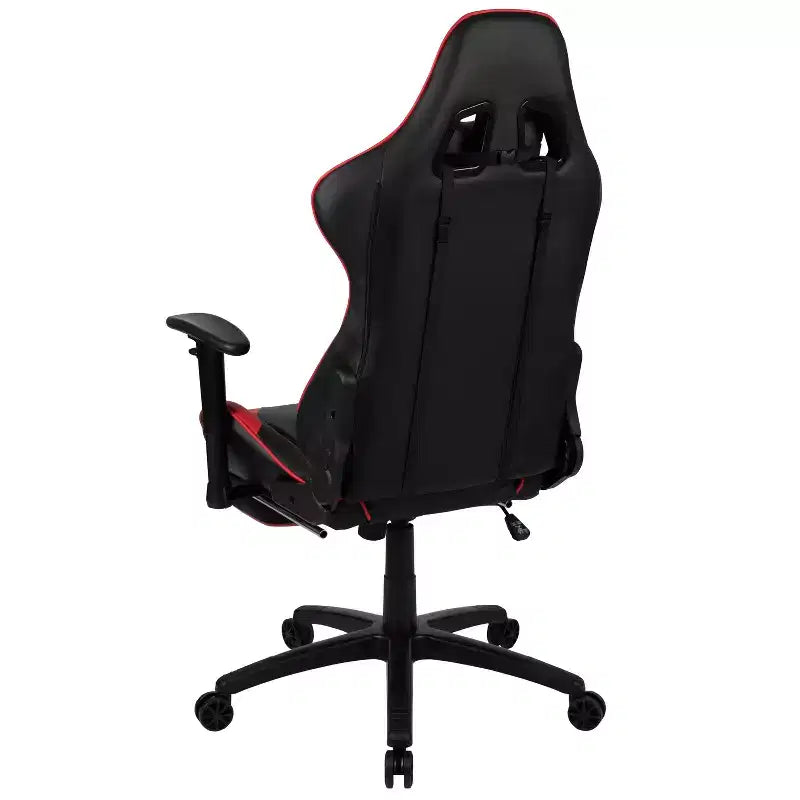 Set scrivania e sedia gaming BlackArc Echo: sedia gaming reclinabile in similpelle nera e rossa; scrivania gaming con gancio per cuffie e portabicchieri