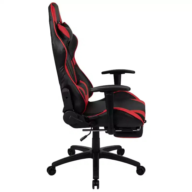Set scrivania e sedia gaming BlackArc Echo: sedia gaming reclinabile in similpelle nera e rossa; scrivania gaming con gancio per cuffie e portabicchieri