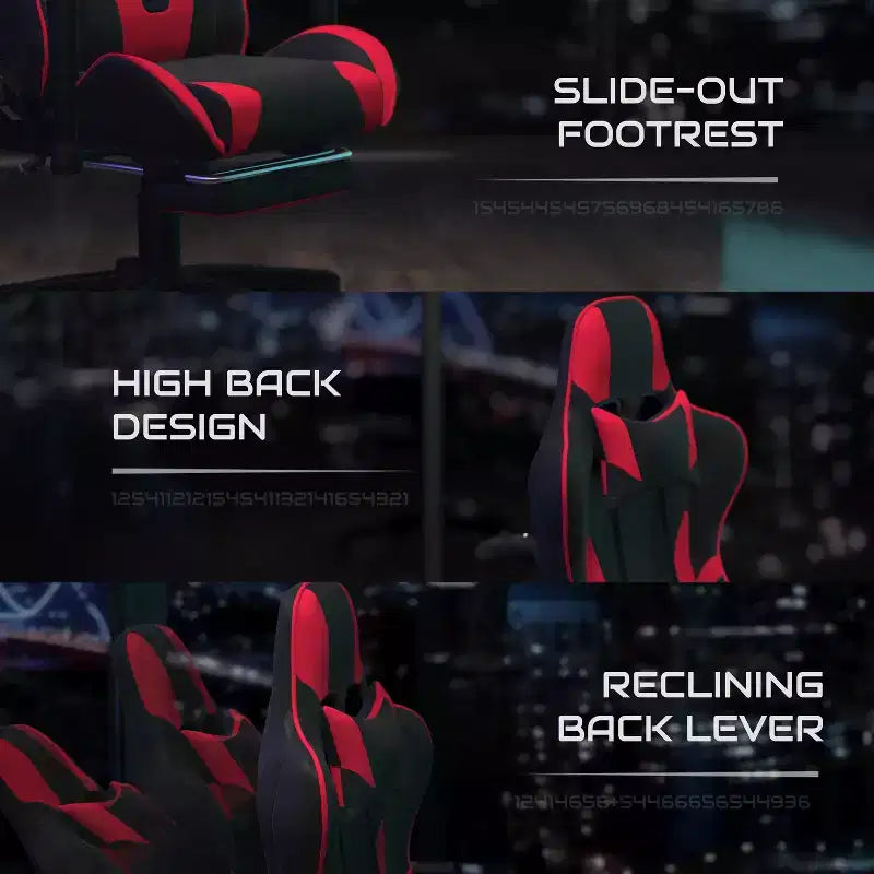 Set scrivania e sedia gaming BlackArc Echo: sedia gaming reclinabile in similpelle nera e rossa; scrivania gaming con gancio per cuffie e portabicchieri