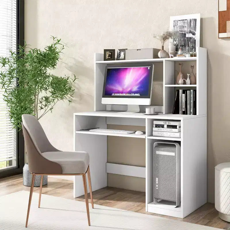 Scrivania per Computer Costway Scrittoio Libreria Postazione di Lavoro con Stazione di Ricarica, Credenza e Supporto CPU