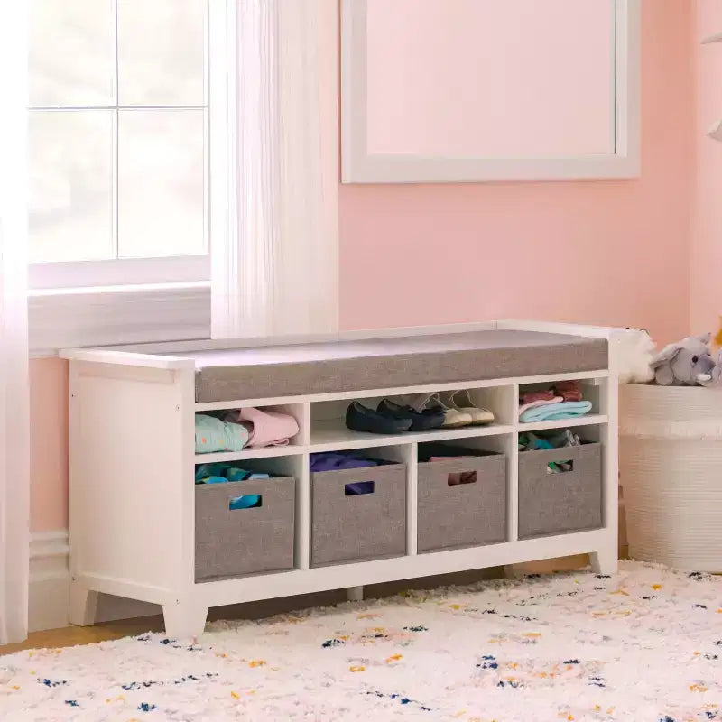 Panchina contenitore Martha Stewart Kids: Libreria in legno per la cameretta dei bambini, angolo lettura e organizer per giocattoli con cestino in tessuto
