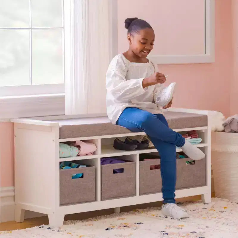 Martha Stewart Kids' Storage Bench: Children's Wooden Playroom Bookshelf Reading Nook and Toy Organizer with Fabric Bin