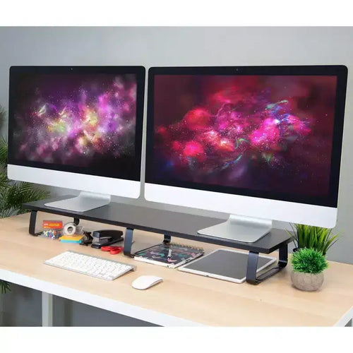 Supporto per monitor da scrivania Mount-It! extra lungo, organizer da scrivania per doppi schermi di computer, laptop, desktop, TV, 99 cm di larghezza extra, capacità di 20 kg.
