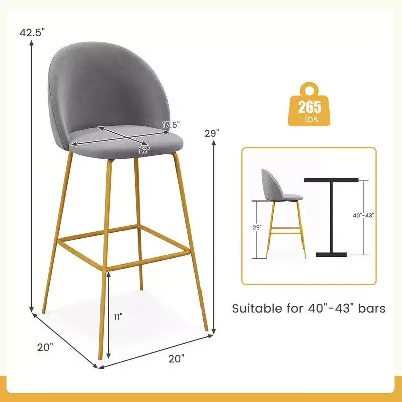 Set di 4 Sgabelli da Bar Costway 74 cm in Velluto, Sedie Imbottite Altezza Bar