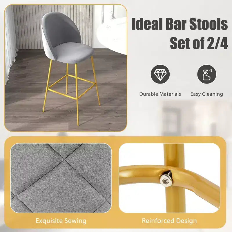 Set di 4 Sgabelli da Bar Costway 74 cm in Velluto, Sedie Imbottite Altezza Bar