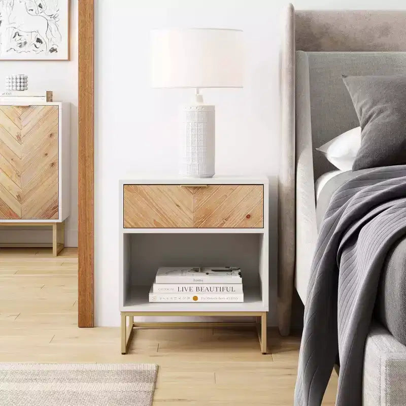 Matte White / Walnut Herringbone Wood Cabinet – 1 Piece