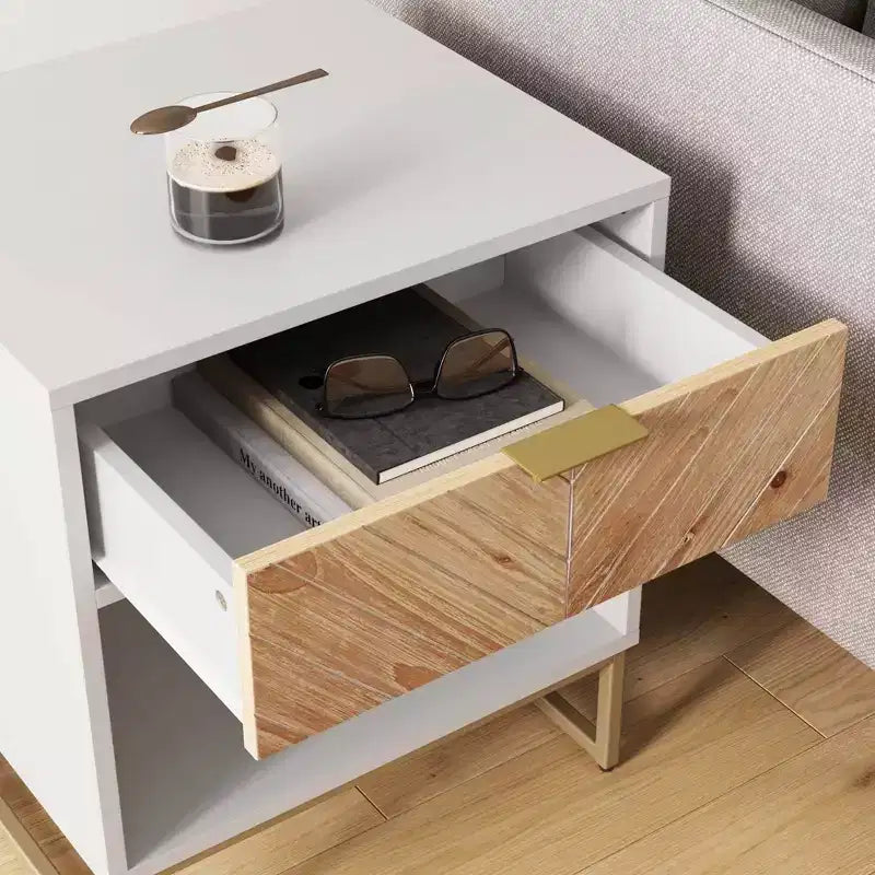Matte White / Walnut Herringbone Wood Cabinet – 1 Piece