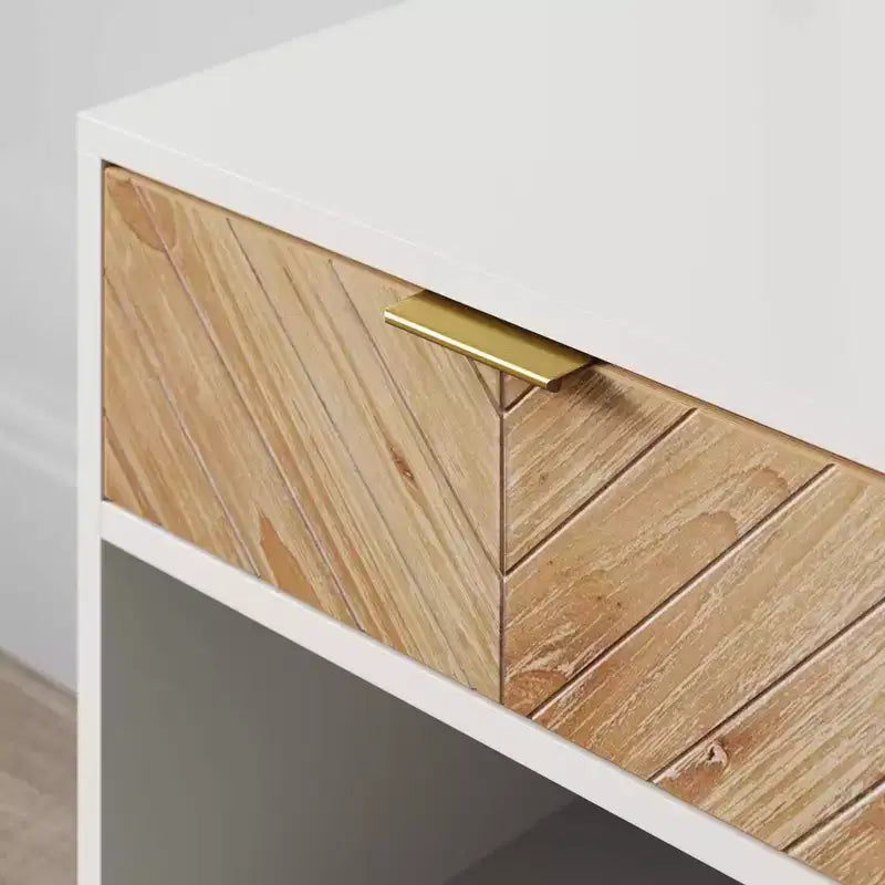 Matte White / Walnut Herringbone Wood Cabinet – 1 Piece