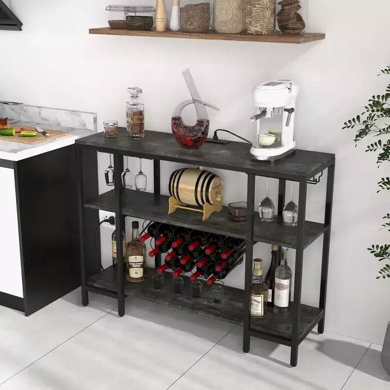 Tavolino da Bar con Mobiletto Portabottiglie Costway, Mobiletto per Bicchieri con Prese di Corrente, Marrone/Grigio