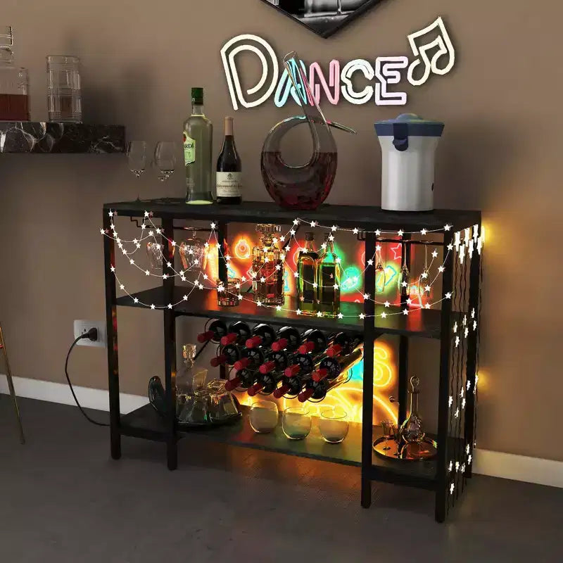 Tavolino da Bar con Mobiletto Portabottiglie Costway, Mobiletto per Bicchieri con Prese di Corrente, Marrone/Grigio