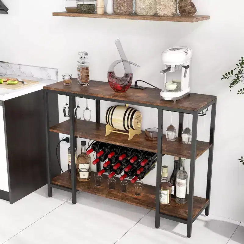 Tavolino da Bar con Mobiletto Portabottiglie Costway, Mobiletto per Bicchieri con Prese di Corrente, Marrone/Grigio