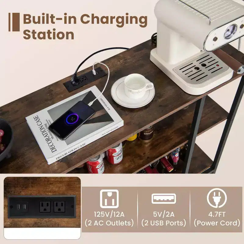 Tavolino da Bar con Mobiletto Portabottiglie Costway, Mobiletto per Bicchieri con Prese di Corrente, Marrone/Grigio