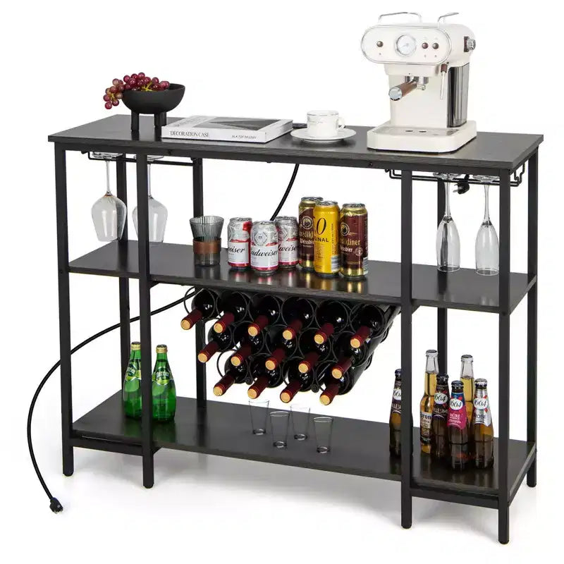 Tavolino da Bar con Mobiletto Portabottiglie Costway, Mobiletto per Bicchieri con Prese di Corrente, Marrone/Grigio