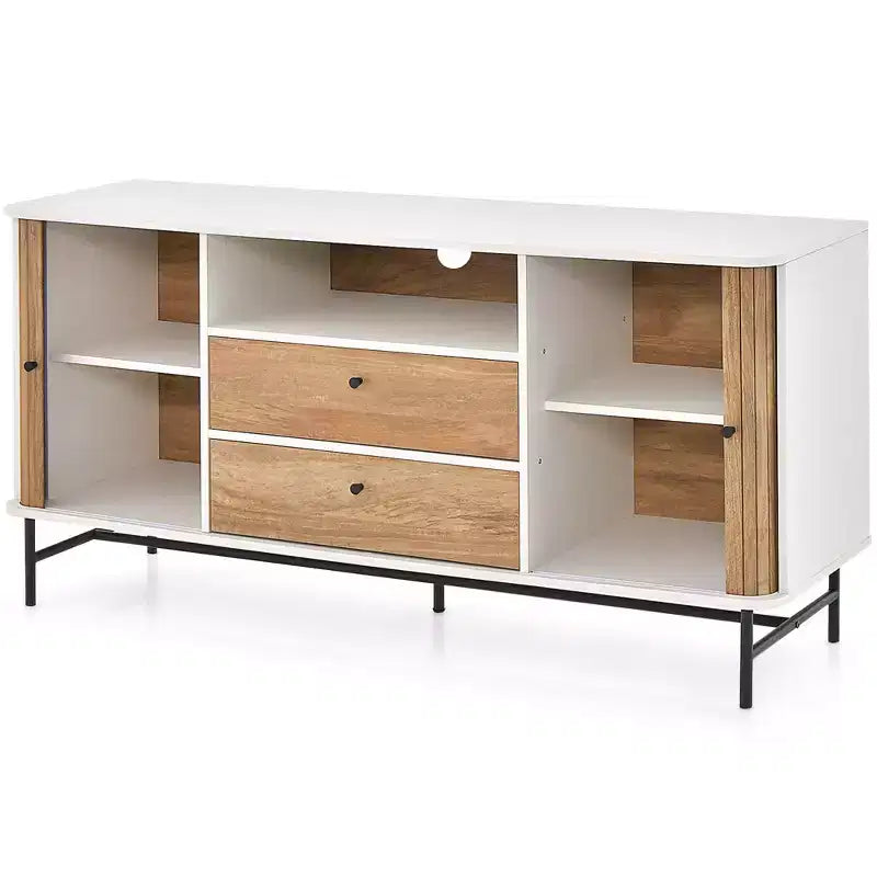 Madia Mid-Century Bianca/Rovere con Ante Scorrevoli e 2 Cassetti, Adatta a TV da 65"