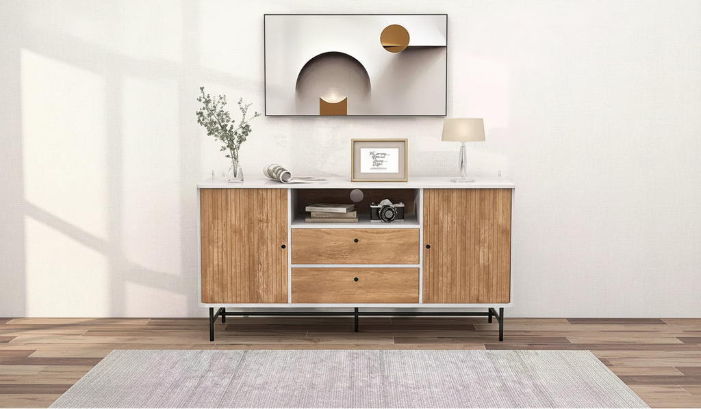 Madia Mid-Century Bianca/Rovere con Ante Scorrevoli e 2 Cassetti, Adatta a TV da 65"