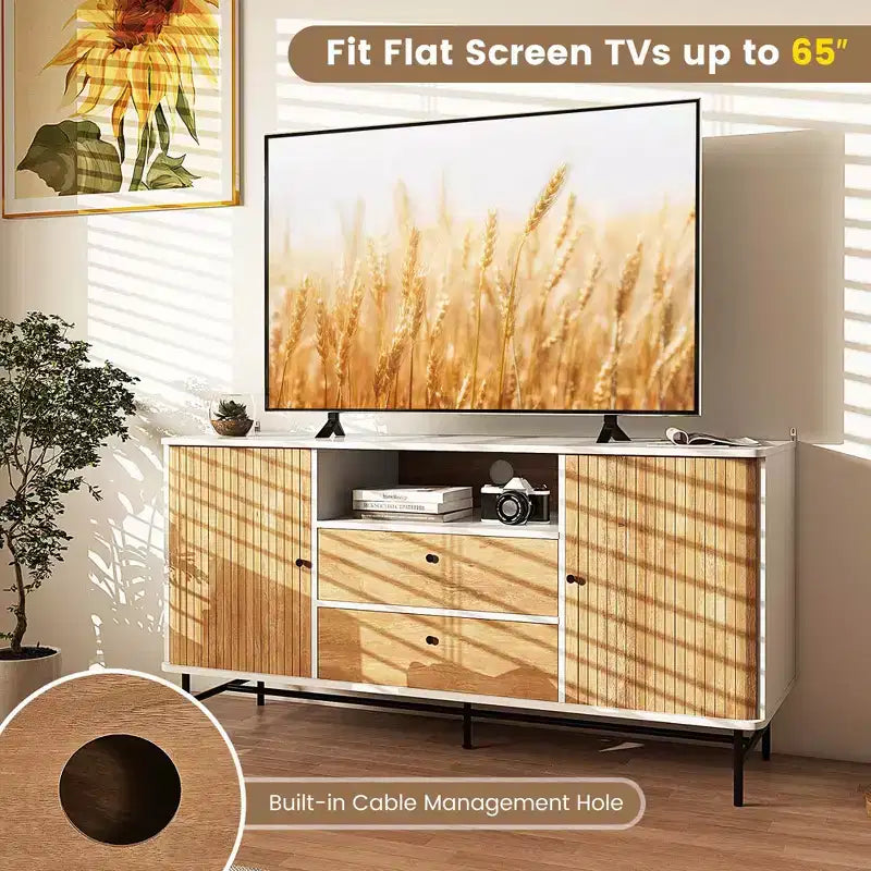 Madia Mid-Century Bianca/Rovere con Ante Scorrevoli e 2 Cassetti, Adatta a TV da 65"
