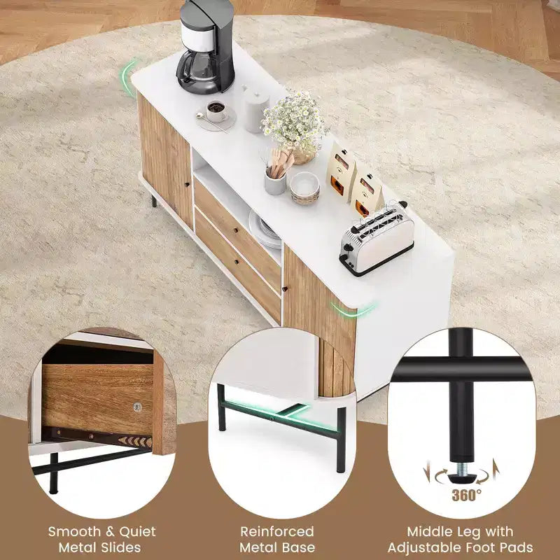 Madia Mid-Century Bianca/Rovere con Ante Scorrevoli e 2 Cassetti, Adatta a TV da 65"
